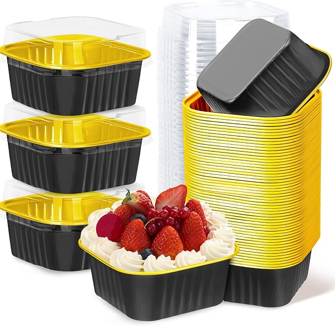 200Pack 5oz Black&Gold Mini Cake Pans with Lids Baking Cups Aluminum Foil Pans Tins, Individual Dessert Cups Containers for Sales,Party,Picnics