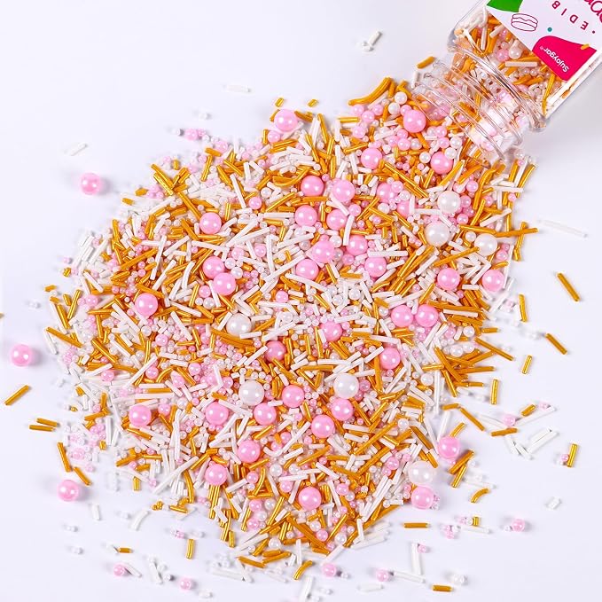 Pink White and Gold Sprinkles, 3.52oz Edible Pink Sprinkles for Cake Decorating Cupcakes Baking Ice Cream Cookie Wedding Valentines Party Decoration