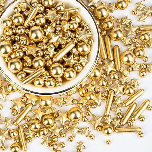 Edible Gold Pearl Star Rod Sprinkles 130g,Luxury Metallic Gold Confetti for Cake Decorating,for Wedding Christmas New Year Anniversary Bridal Shower Birthday Party Dessert Toppings