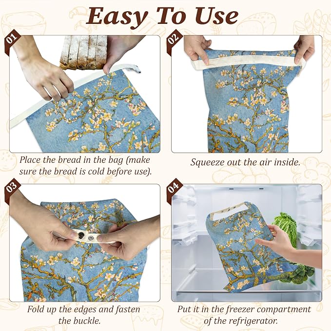 Beeswax Bread Bags, 2 Pack for Homemade Bread and Sourdough Storage | Blossoming Almond Tree Van Gogh, Reusable Polyester Bread Storage With Beeswax Coating And Snap Closures