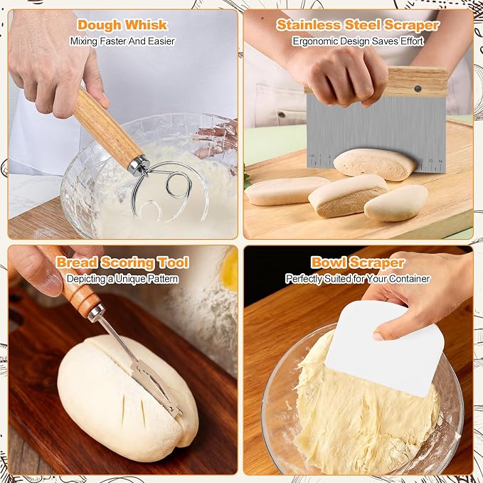 Sourdough Starter Kit, Sourdough Bread Baking Supplies, 9''Banneton Bread Proofing Basket with Glass Sour dough Starter Jar, Breads Scoring Tool,Breads Making Tools Gifts for Bakers Women Wife Mom