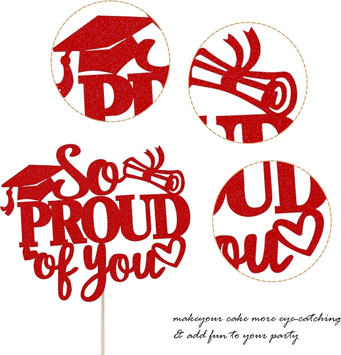 1 Pack So Proud of you Cake Topper with Gold Glitter Diploma Graduation Cap Cake Pick Contrats Class of 2024 Cake Decorations for 2024 Graduation Theme High School Boys Girls Graduate Party Red
