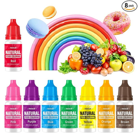 Natural Food Coloring - Pandalab 8 Colors x 10 ml Plant-Based Concentrated Food Dye, No Artificial Dye, Vegan Edible Color for Baking, Cake Decorating, Icing, Frosting, Cookies, Candy