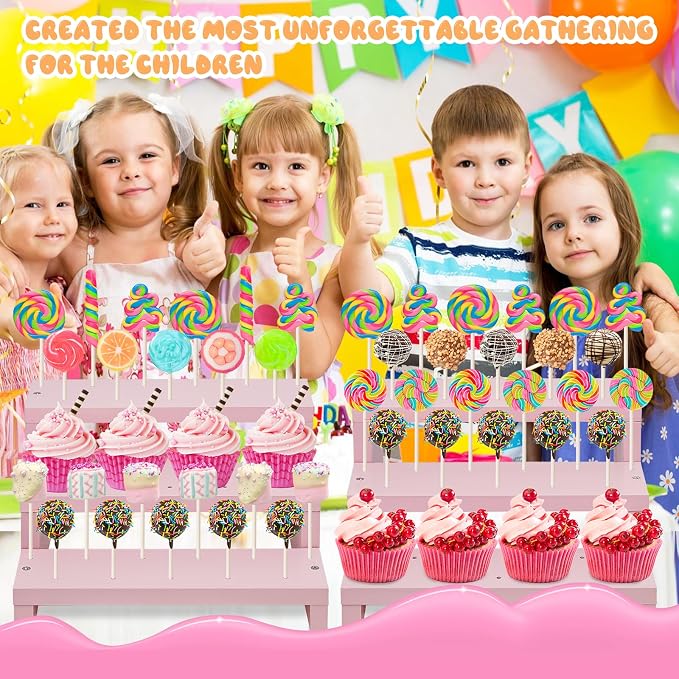 Wood Cake Pop Stands, 3 Tier Lollipop Holders with Twist Ties Lollipop Sticks, Sucker Display Riser for Dessert Table of Wedding Birthday Party (Pink-2P)