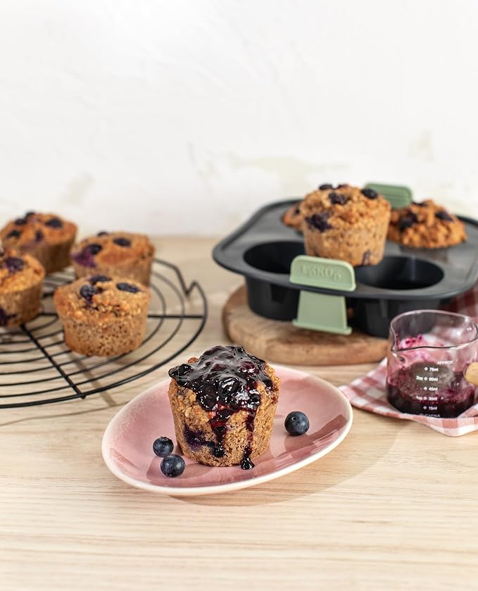 Lékué Air Fryer Muffin Mold - Make 4 Muffins in under 30 mins - 100% Platinum Silicone Baking Pan for Air Frying, Fits in Draw Tray, Pull-up Handles for Easy Removal, Non-Stick, Easy De-Molding