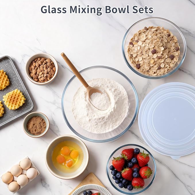 Glass Mixing Bowls with Lids Set(4.68 QT+ 2.89 QT+ 1.1QT)-Large Glass Mixing Bowls, Clear Salad Bowl for Baking, Cooking, Serving, Food Prep, 3PC Nesting Bowls for Kitchen Storage & Dishwasher Safe