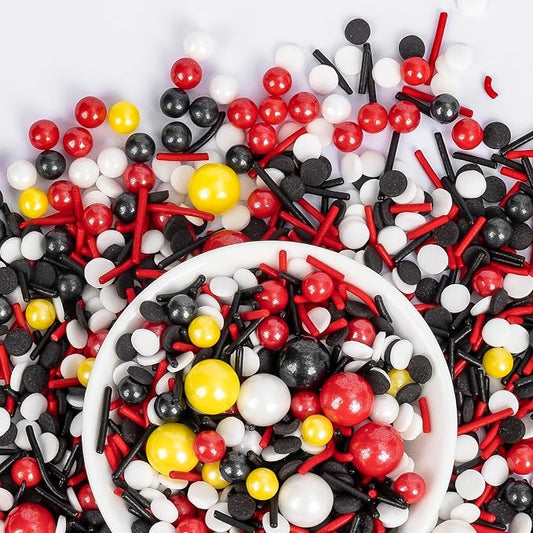 Edible Mouse Sprinkles,Edible Black White Red and Yellow Pearls Jimmies,and Round Confetti Sprinkles for Cake Decorating,130g,Cupcakes Cookie Donuts Ice Cream Toppers,Themed Desserts,Birthday,Children's Party Supplies