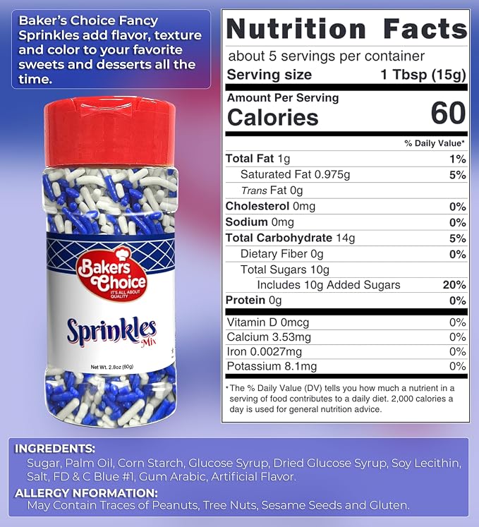 Baker's Choice Hanukkah Sprinkles For Baking - Blue & White Sprinkles - Boy Baby Shower Gender Reveal & Chanukah Sprinkles for Cookie Decorating - Dairy Free, Kosher 2.8 oz
