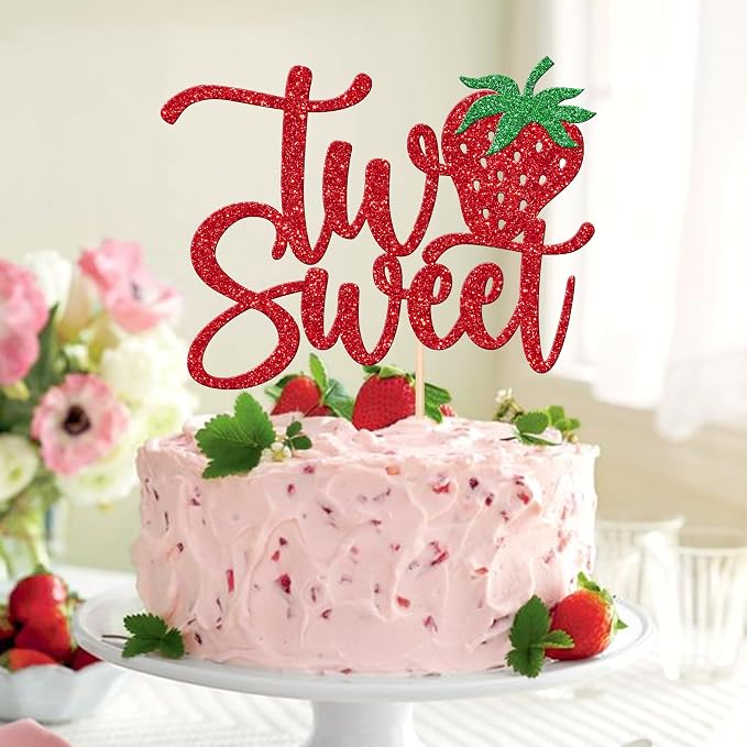 1 PCS Two Sweet Strawberry Cake Topper Red Glitter Strawberry Sweet Two Cake Pick Berry 2nd Birthday Cake Decoration for Strawberry Theme Baby Shower Kids Second Birthday Party Decorations Supplies