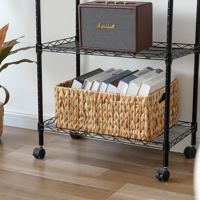 JS HANGER Large Woven Rattan Storage Basket with Handle for Organizing Blanket and Pillows for Living Room, Nursery, Water Hyacinth Wicker Basket 16.53’’ x 12.8’’ x 7.5’’