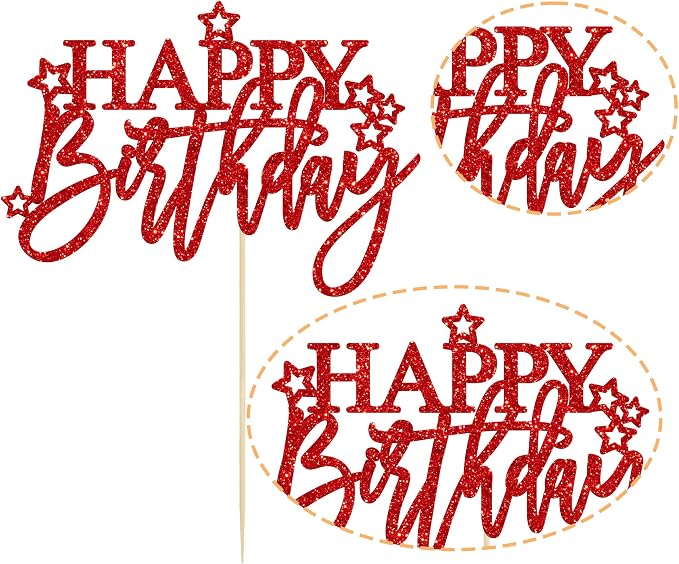 Gyufise 1Pcs Happy Birthday Cake Topper Glitter Happy Birthday Cake Pick for Celebrating Happy Birthday Anniversary Theme Party Cake Decorations Supplies Light Red