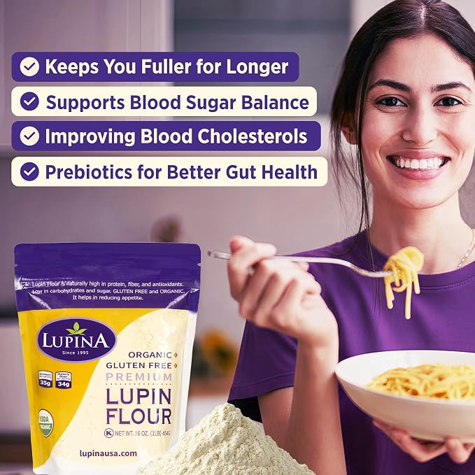 Lupina Organic Gluten-Free Lupin Flour – Pack 2 –16 oz- High-Protein, High-Fiber, Low-Carb Plant-Based Flour – Non-GMO Vegan Superfood for Baking, Smoothies & Healthy Cooking