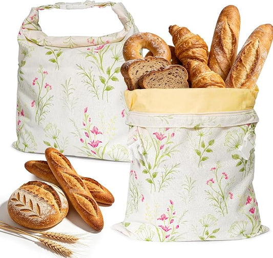 2 Pack Beeswax Bread Bags for Sourdough, Reusable XL Zipper Cotton-Linen Bread Bags for Homemade Bread, Keep Fresh Longer for Bakery, Loaves, Pastry (2, Colorful Flowers)