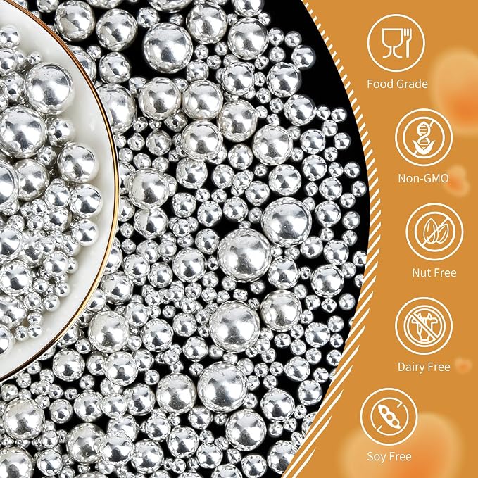Silver Pearl Sprinkles,Edible Pearl Sugar Sprinkle for Cake Decorating,130g/4.58oz Mix Size,Festival Baking Edible Cake Decorations,Cupcake Toppers,Cookie Decorating Donuts Ice Cream Toppings,Wedding Birthday Party Supplies