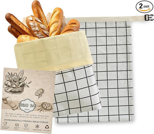 LURKA Beeswax Bread Bags, Reusable Cotton Linen Storage Bags for Sourdough, Extra Large, 2 Pack (White Plaid)