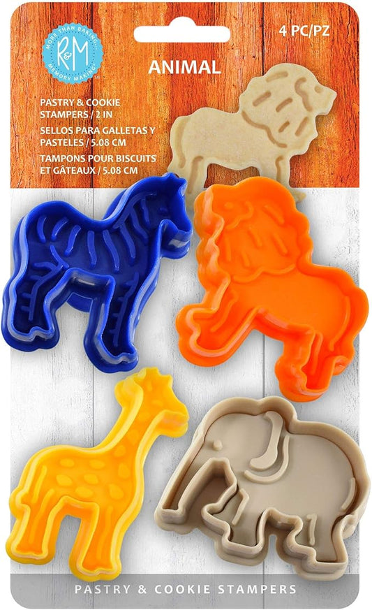 R&M Animal Collection Pastry & Cookie Cutter set of 4. Assorted Designs and Colors, Zebra, Lion, Giraffe, Elephant. 2 Inches Assorted Plastic Cookie Cutters