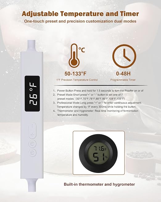 Folding Bread Proofing Box，with Digital Thermometer & Hygrometer, 55-133°F Precision Temp Control, 48H Timer, Even Heat for Sourdough, Yogurt, Kombucha, Pizza & More