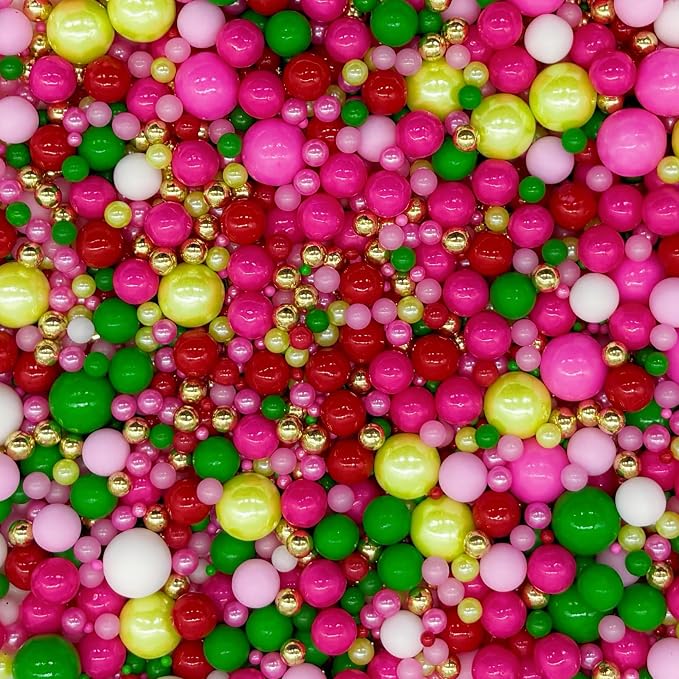 Edible Red Series & Pink & Green Sugar Pearls Sprinkles Candy Mix Size Pearls Cake Decorations Cupcake Toppers Decorating Perfect for Wedding Party Valentine Supplies 4.58OZ