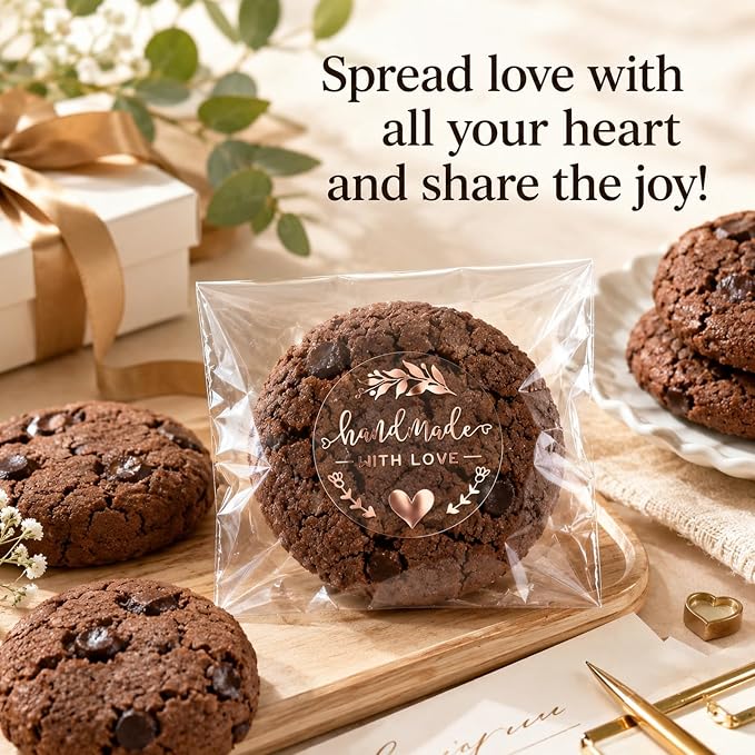 100PCS Handmade with Love Stickers, 1.6" Transparent Rose Gold Foil Labels | Made with Love Stickers for Bakery, Cookies, Boutique, Cake Boxes, Bread, Bakery, Candle, , Small Business