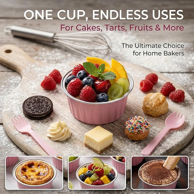 100 PCS Aluminium Foil Baking Cups, Mini Cake Pans with Lids and 100 PCS Spoons, 5 oz Disposable Baking Cups Foil Ramekins For Party Birthday Wedding Valentines (Pink)