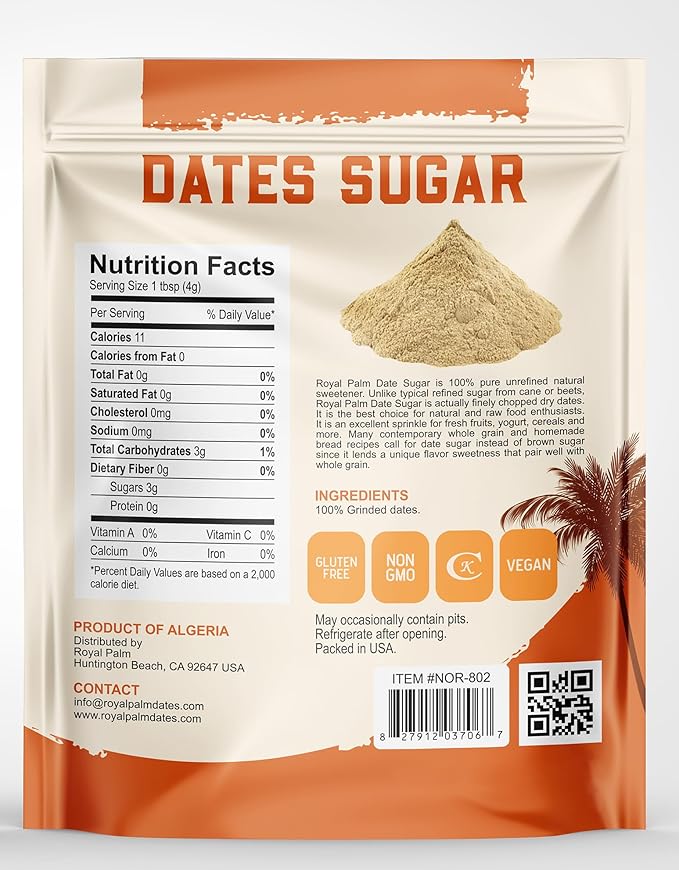Royal Palm Pure 100% Date Sugar – Natural Sweetener & Palm Sugar Alternative - Vegan, Gluten-Free, Non-GMO & Kosher - Ideal for Baking, Coffee & Cooking - 16 oz