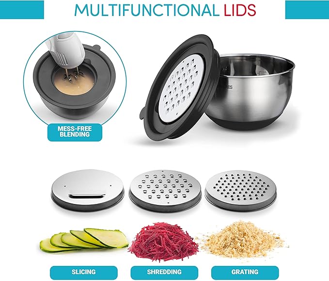 Belwares Mixing Bowls with Lids Set of 5 - Stainless Steel Mixing Bowl Set, Nesting Metal Bowls with Non Slip Bottoms + 3 Grater Attachments, Airtight Lids for Baking, Food Prep + Storage, Black