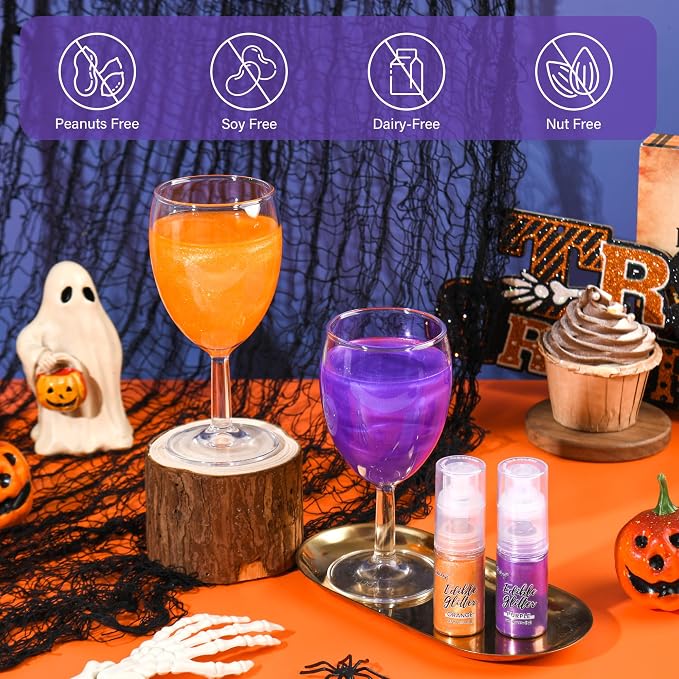 Halloween Edible Glitter Spray, Purple & Orange Edible Glitter for Cocktails, Cobakey Luster Dust Edible for Cake Decorating, Drinks, Baking, Chocolate, Strawberrie 5g/2 Bottles