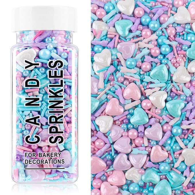Pastel Sprinkles for Cake Decorating, 4.6oz White Pink Blue and Purple Heart Sprinkle Mix with Edible Sugar Pearls & Jimmies, Perfect for Ice Cream Toppings, Cakes, Donuts, Cookies, Cupcakes