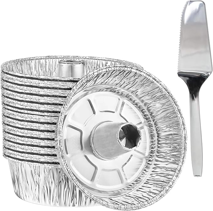8" Aluminum Angel Tube Cake Pan with 10" Cake & Pie Server with Serrated Edge | Round Deep Foil Bundt with Center Tube for Heat Distribution | Heavy Duty Oven Safe Bakeware | 200 Count