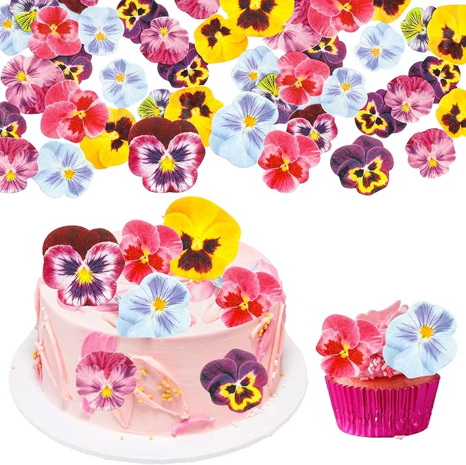 Ephlyn 64Pcs Edible Flower Cupcake Toppers Wafer Paper Flat Cake Toppers Spring Bridal Engagement Baby Shower Birthday Party Cupcake Picks Anniversary Party Supplies