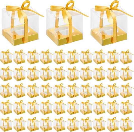 96 Pieces Individual Cupcake Boxes Single Cupcake Container Clear Cupcake Carrier Plastic Cupcake Storage Cupcake Holder with Ribbon and Insert for Wedding Birthday Party Favor, 3.5 x 3.5 x 3.5(Gold)