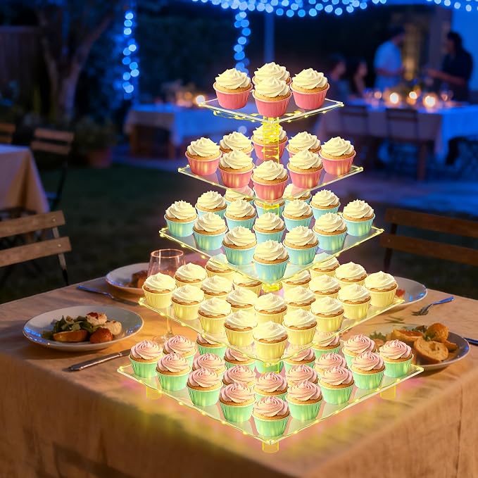 YestBuy 5 Tier Cupcake Stand for 60 Cupcakes,Clear Acrylic Cupcake Tower with Yellow LED Lights and 4.7" Clear Tiers, Perfect for Weddings, Birthdays and Dessert Tables