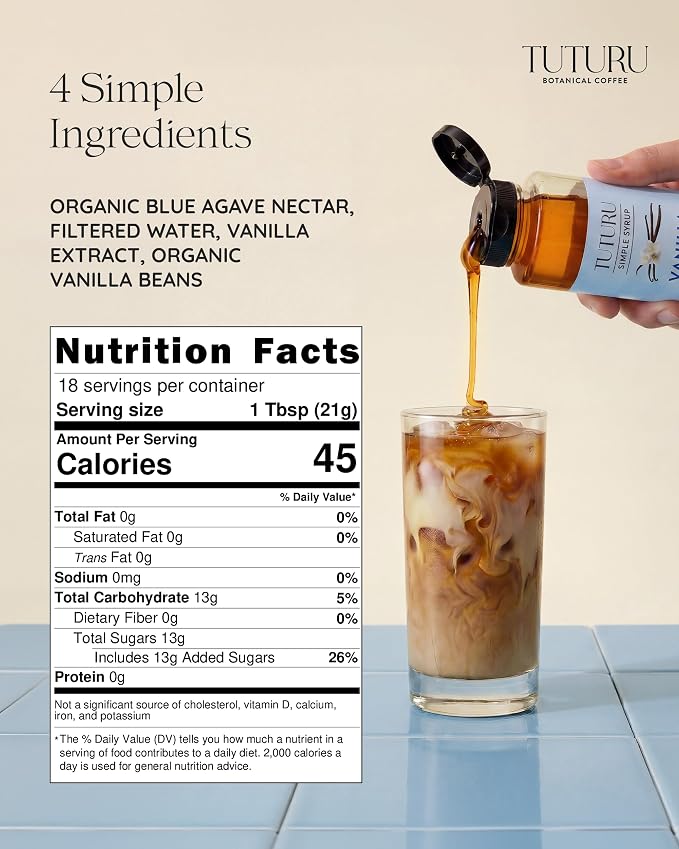 Vanilla Bean Agave Simple Syrup for Coffee & Cocktails - Sweetened with Organic Agave Nectar - Infused with Real Vanilla Bean - 13.5 oz