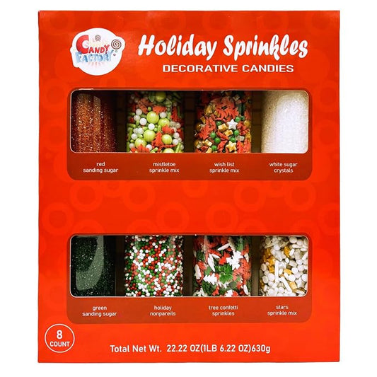 Sarah's Candy Factory Holiday Cake Cookie Sprinkles Set 8 Count 22.22 Oz | Cookie Sprinkles For Christmas, Party, Kosher, Sanding, Crystal, Nonpareils, Tree Confetti and Stars Different Types in Jar