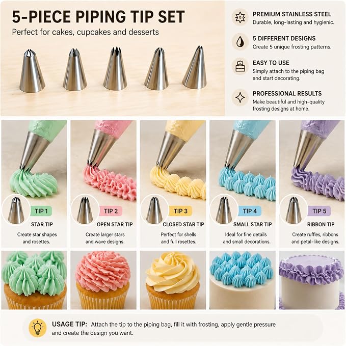 Piping Bags and Tips Set, Piping Tips, 20 Piping Tips + 4 Silicone Piping Bags + 4 Spatulas + 8 Socket Fixing Rings 36pcs Stainless Steel Suitable for Chefs and Kitchens (4-Pack)