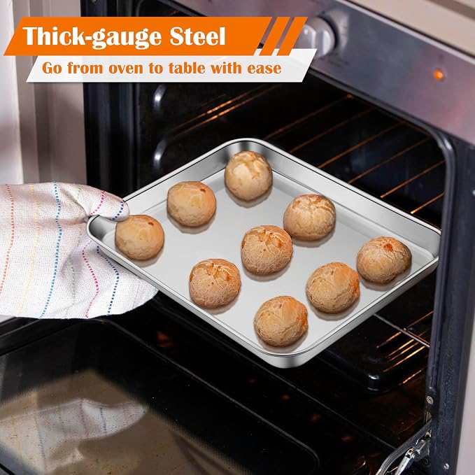 E-far Small Baking Sheet Set of 2, 10.5”x8.3” Stainless Steel Cookie Sheets Pans, Compact Non-toxic Metal Toaster Oven Trays for Cake, Healthy & Rust Free, Mirror Finish & Dishwasher Safe