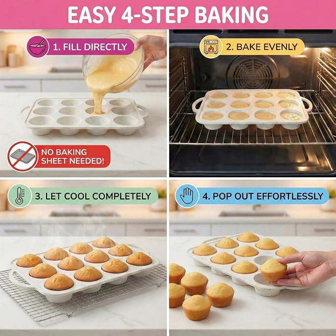 2-Pack Silicone Muffin Pan Set – Regular 12 Cup & Mini 24-Cup Silicone Muffin Pans for Baking – Nonstick Silicone Cupcake Pan with Metal-Reinforced Handles – BPA-Free, Dishwasher-Safe, Cream