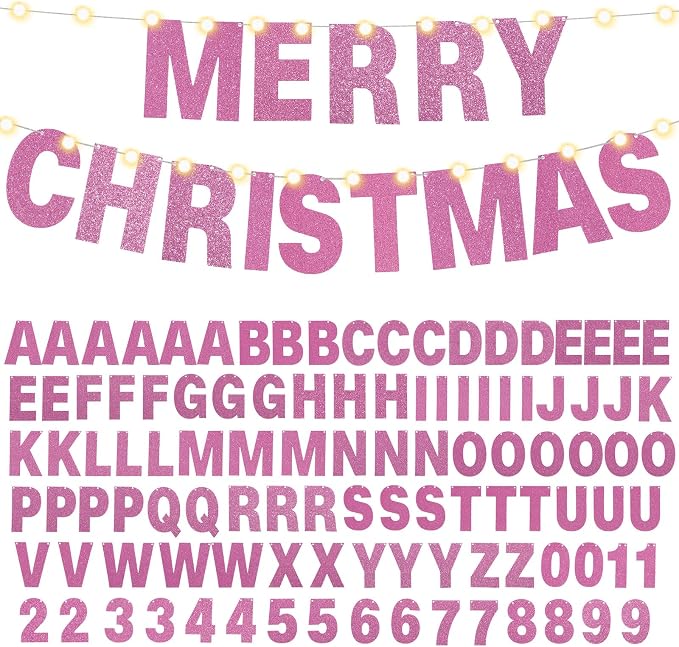 TaoBary 112 Pcs DIY Letter Kit Glitter Customizable Banner Letters Include 107 Letters and Numbers 3 Rope and 2 Needles for Birthday Halloween Christmas Wedding Valentine Party Decor(Pink)