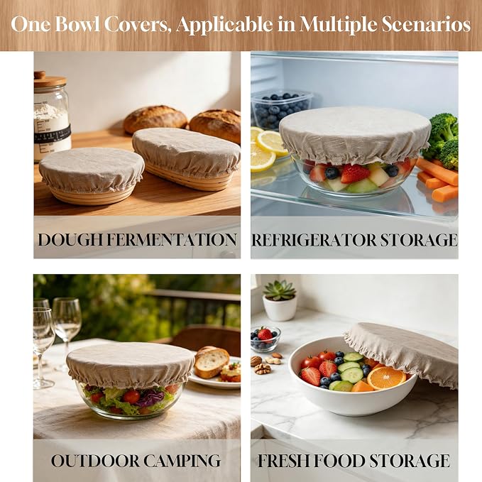 2 Pack 100% Pure Linen Bowl Covers For Bread Proofing,100% Natural Organic Reusable Bowl Covers, Unplored, Unbleached, Elastic Cover for Sourdough, Dough Proofing and Food Storage, Compostable