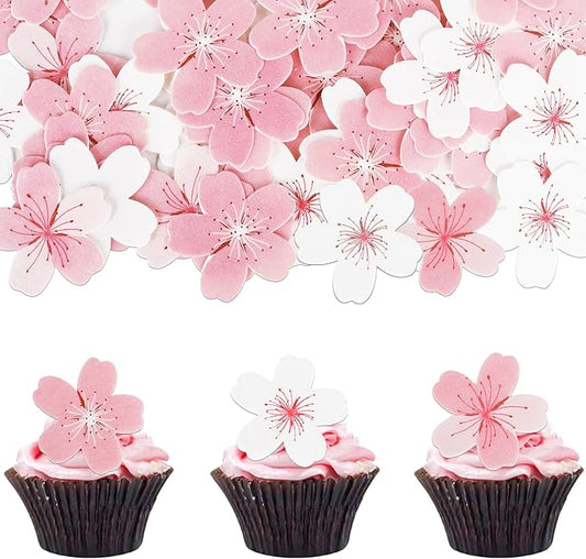 60 PCS Edible Flowers Cake Decorations Pink Edible Cherry Blossoms Flowers Cupcake Toppers Wafer Paper Flowers Cupcake Picks for Baby Shower Kids Birthday Party Food Decorations Supplies