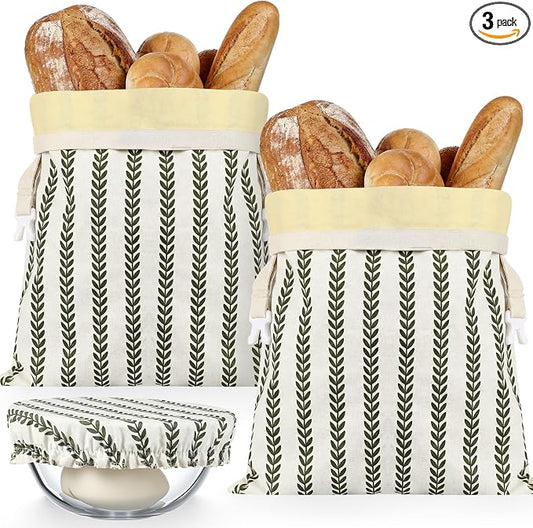 Reusable Beeswax Bread Bags for Homemade Bread Sourdough (2 Pcs 13x17in Bags + 10in Bowl Cover) Floral Cotton 100% Natural Beeswax Coating, Plastic-free Food Storage Wrap(Green Leaf)