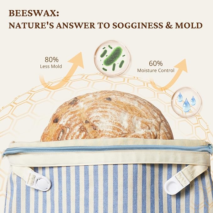 BRONYPRO Reusable Beeswax and Cotton Bread Bags with Zipper, 2-Pack Waxed Bread Bags for Homemade Bread & Sourdough, Sustainable Sourdough Loaf Storage to Lock in Freshness, Large 17x12.6in, Blue