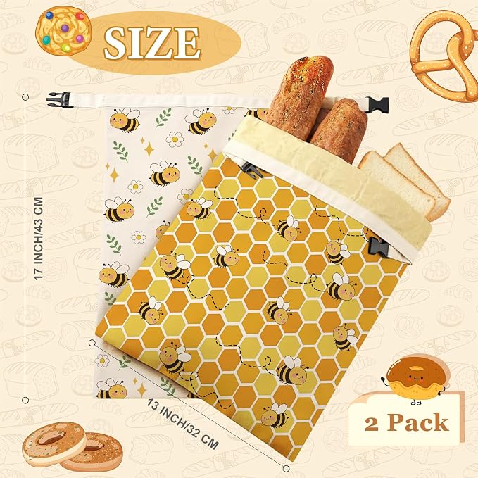 2 Pack Beeswax Bread Bags for Homemade Sourdough Bread, 17x13 Inch Reusable Linen Beeswax Bread Bag with Buckle to Keeps Bread Freshness for Food Storage(Cute Bee)
