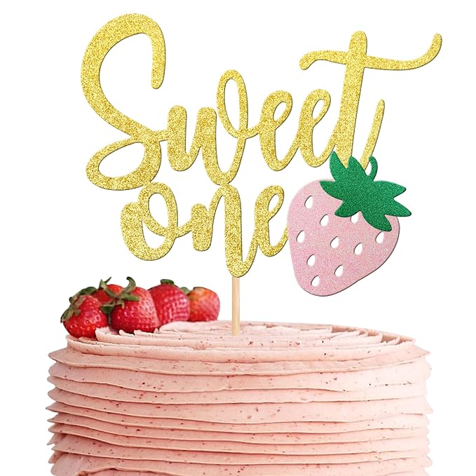 1 PCS Strawberry Sweet One Cake Topper Glitter First Birthday Strawberry Cake Pick for Sweet Fruit Theme Baby Shower Kids Birthday Party Cake Decorations Supplies Gold