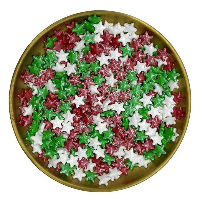 Dynastang 10mm Red & Green & White Stars Sprinkles Edible Stars Cake Decorating Stars Cake Decorations Cupcake Toppers Cookie Decorating Perfect for Cakes, Cupcakes, Desserts Toppings 3OZ