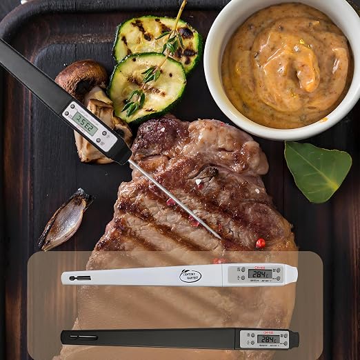 Meat Thermometer, Digital Food Thermometer Instant Read with 120mm Long Probe, Automatic Calibration, Kitchen Cooking Thermometer for BBQ, Grill, Deep Fry, Water Temperature (Black)
