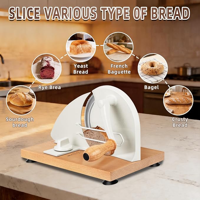 Manual Bread Slicer for Homemade Sourdough Bread, Adjustable Thickness Bread Cutter with Hand Crank, Slicing Guide, Scale Line, Stainless Steel Blade & Suction Cups, for Perfect Even Slices (Cream)