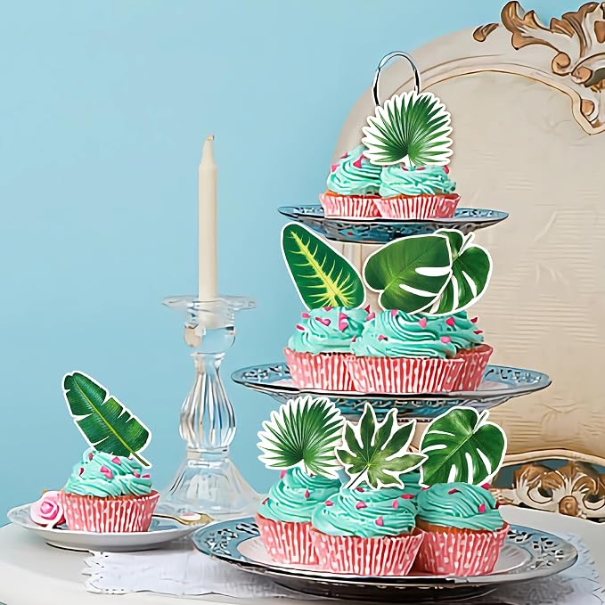 48pcs Edible Tropical Turtle Leaves Cupcake Toppers Wafer Paper Tropical Palm Leaves Cake Toppers For Hawaii Theme Jungle Party Cake Toppers Birthday Party Supplies