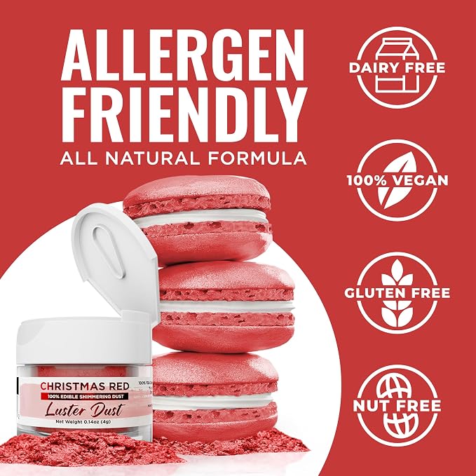 Luster Dust - Christmas Red (4g 1x Jar) | Edible Vegan Dust & Paint for Cake Decorating, Ice Cream, Desserts, Cocktails and Beverages by Bakell