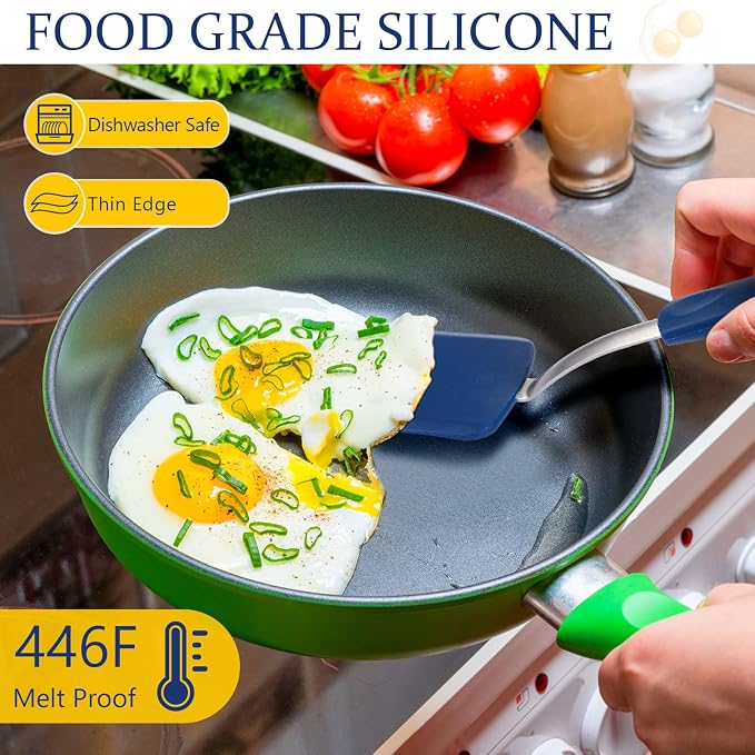 Silicone Cookie Spatula Turner 2 Pack Mini Brownie Spatula Flexible Kitchen Small Silicone Turner for Nonstick Cookware Heat Resistant No Scratch Flipper for Pancake(Solid Flat,Gray, Blue)